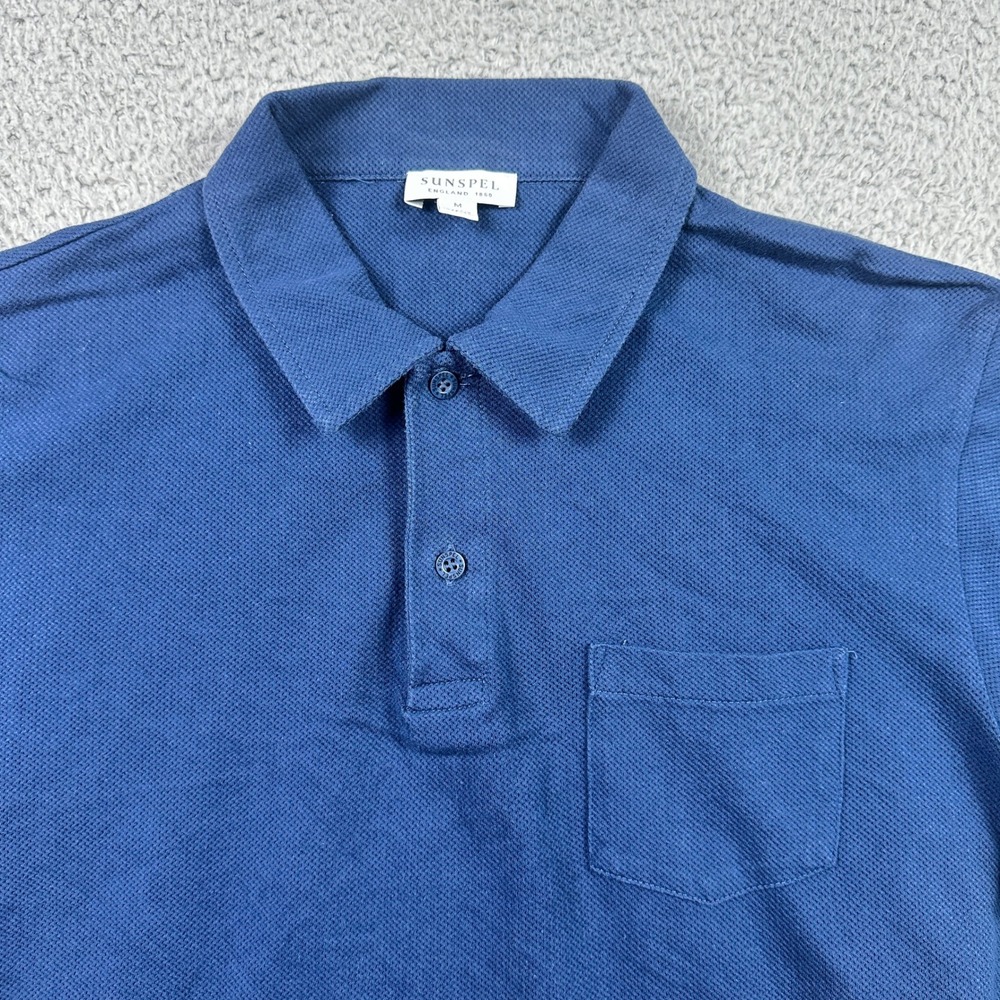 Sunspel Riviera Polo Shirt Mens Medium Blue Short Sleeve Pocket Made In England